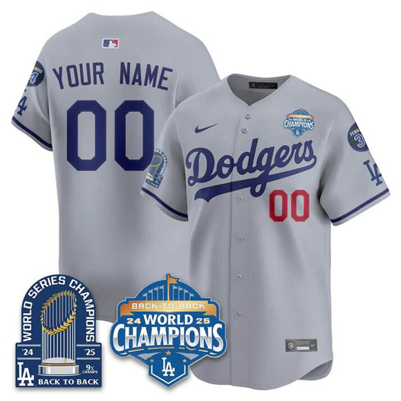 Men's Los Angeles Dodgers ACTIVE PLAYER Custom Gray 2025 World Series Champions 9x Champs Patch Vapor Limited Stitched Baseball Jersey Men's Los Angeles Dodgers ACTIVE PLAYER Custom Gray 2025 World Series Champions 9x Champs Patch Vapor Limited Stitched Baseball Jersey